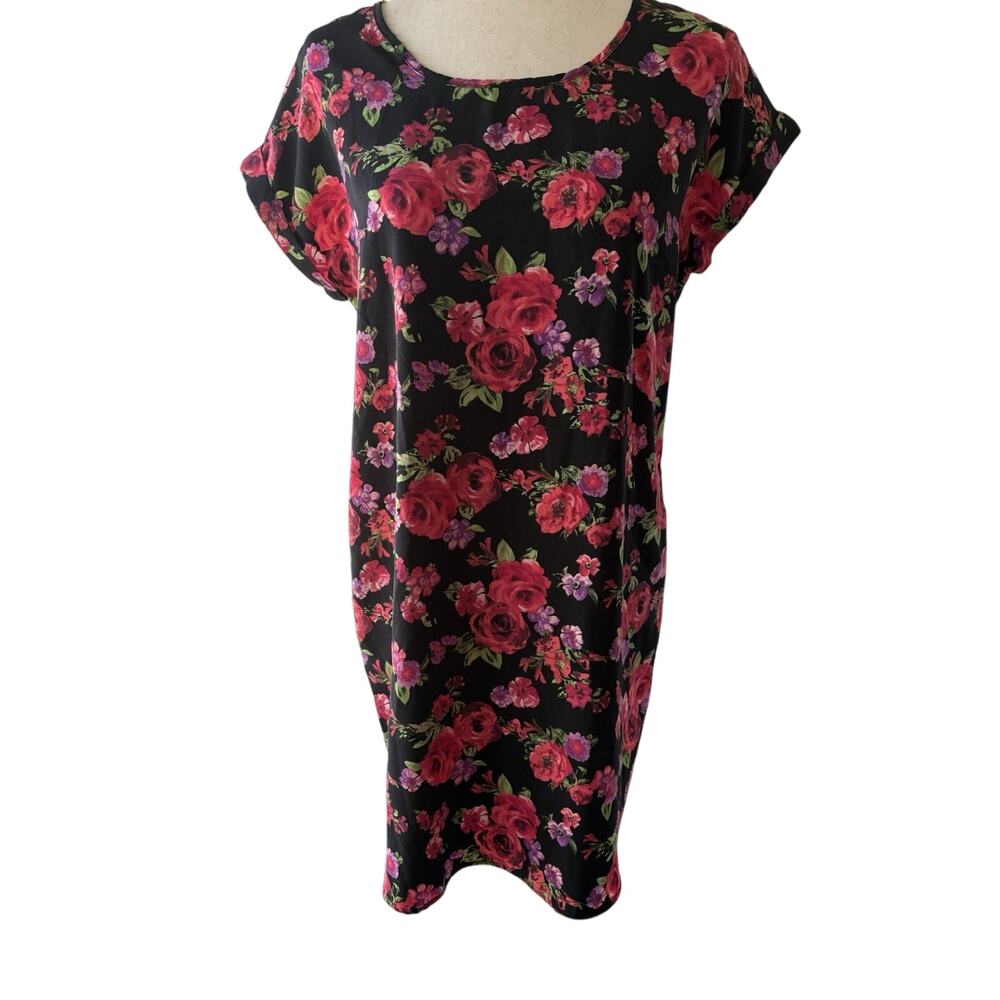 Pink Rose Black Floral Shift Dress with Pink & Purple Blooms